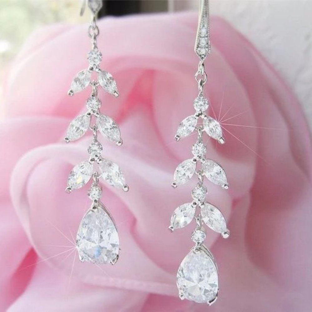 Elegant Linear Leaf Diamond CZ Dangle Earrings Long Silver Nadri Style
